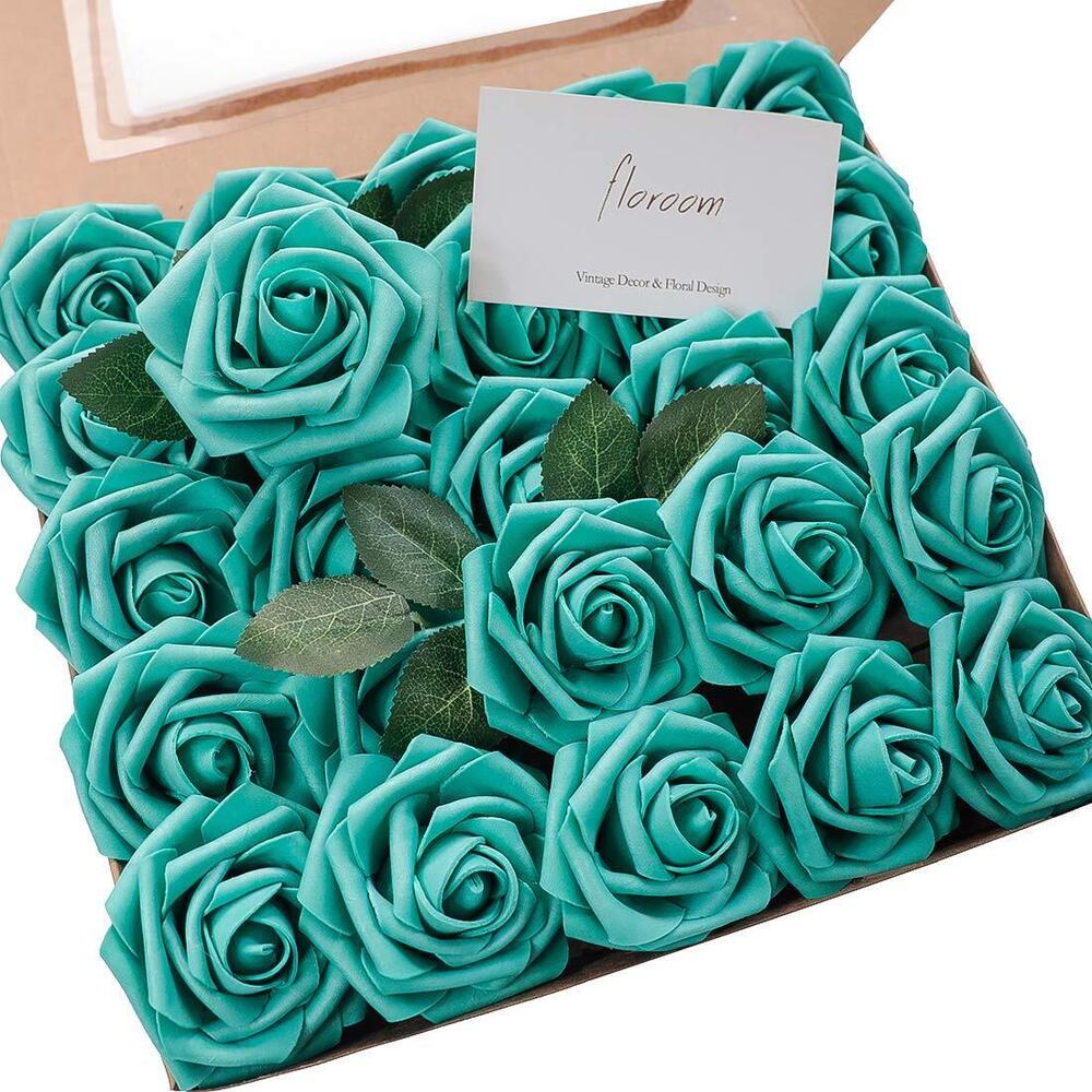 1925 Artificial Flowers 50pcs Real Looking Teal Green Foam Roses with Stems